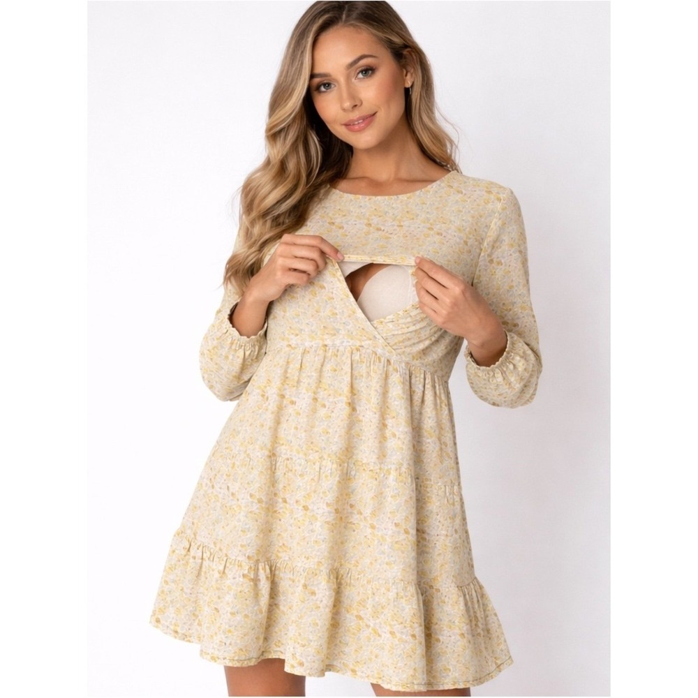Kindred Bravely Yellow Floral Breast Feeding Dress Size L Longsleeve Summer